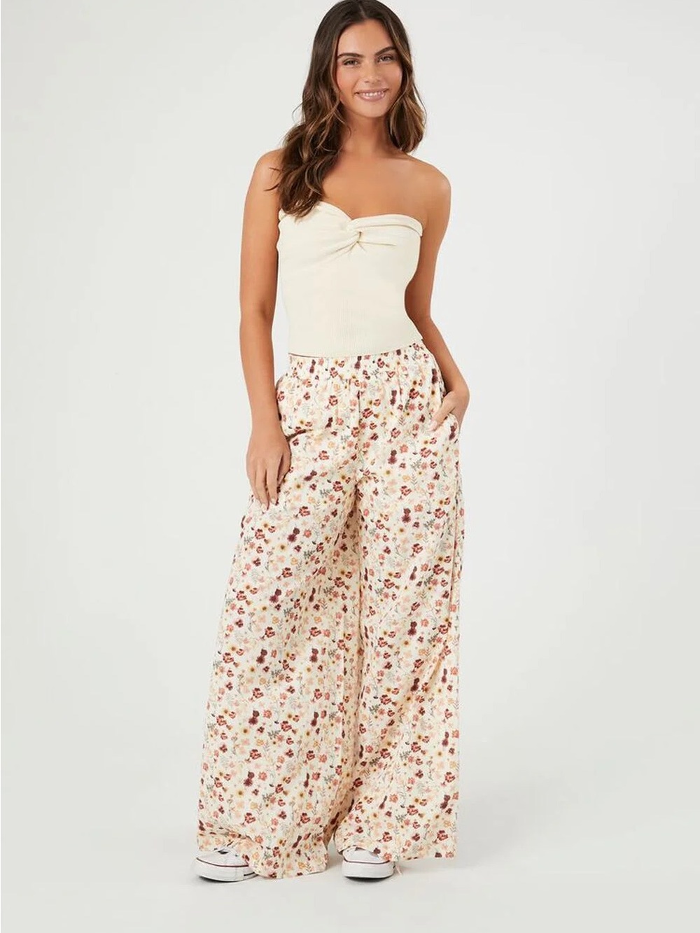 Forever 21  Orange Floral Cream Wide-Leg Pants